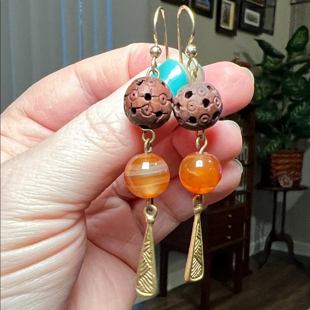 Vintage Boho Artisan Handcrafted Carved Wood and Orange Agate Dangle Earrings